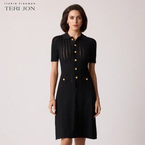 Teri Jon Knit Scallop Dress With Gold Buttons, Originally $380, Size L, Tags On!
